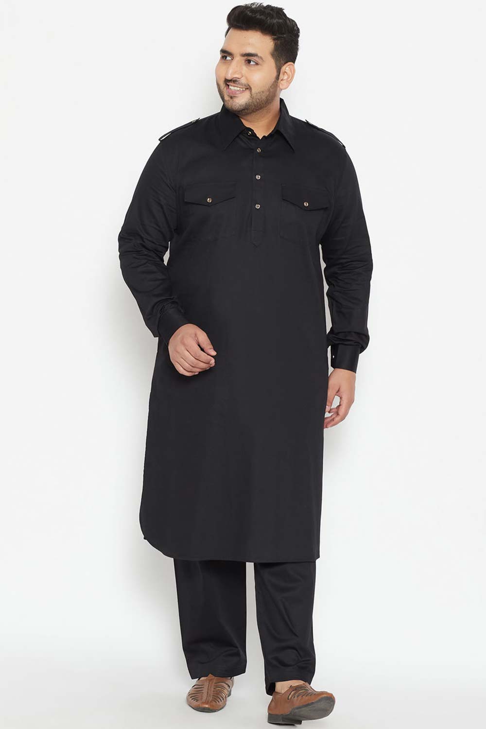 Buy Men's Cotton Blend Solid Kurta Set in Black - Front