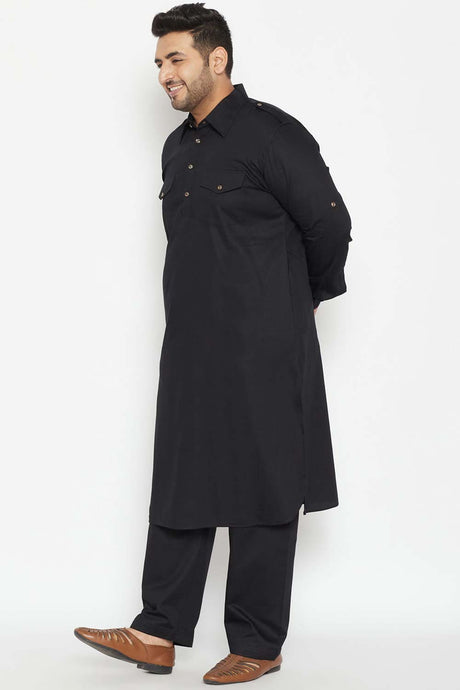 Buy Men's Cotton Blend Solid Kurta Set in Black - Side