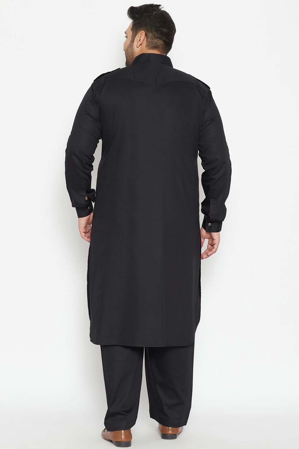 Buy Men's Cotton Blend Solid Kurta Set in Black - Back