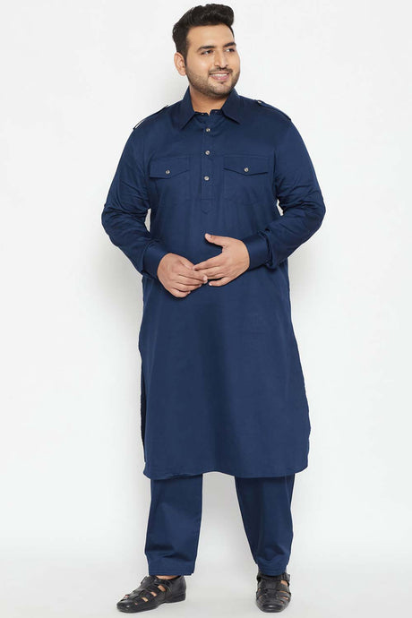 Buy Men's Cotton Blend Solid Kurta Set in Blue - Front