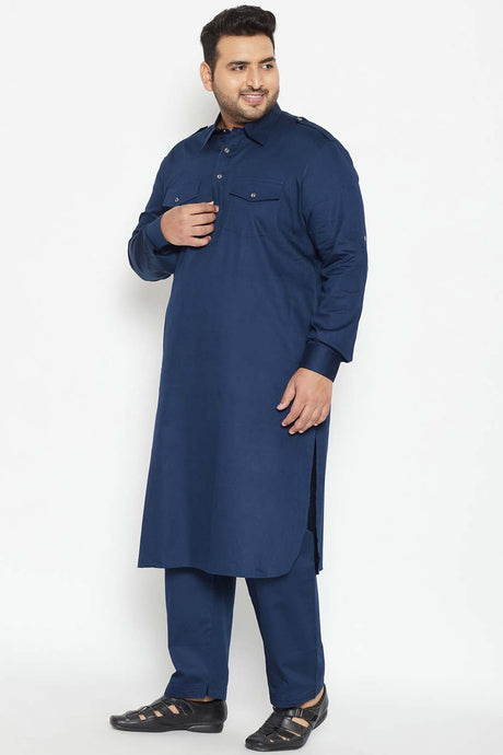 Buy Men's Cotton Blend Solid Kurta Set in Blue - Side