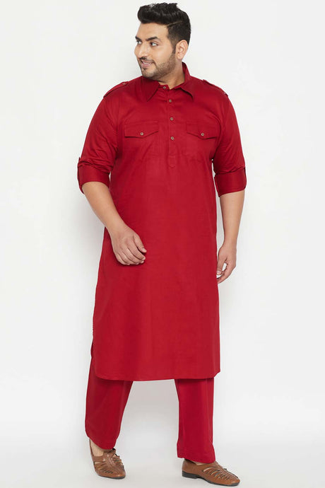 Buy Men's Cotton Blend Solid Kurta Set in Maroon - Front