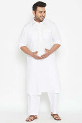 Buy Men's Cotton Blend Solid Kurta Set in White - Front