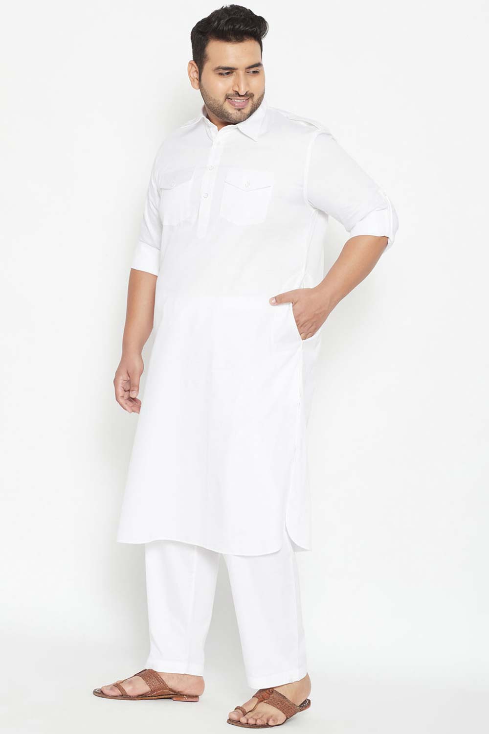 Buy Men's Cotton Blend Solid Kurta Set in White - Side