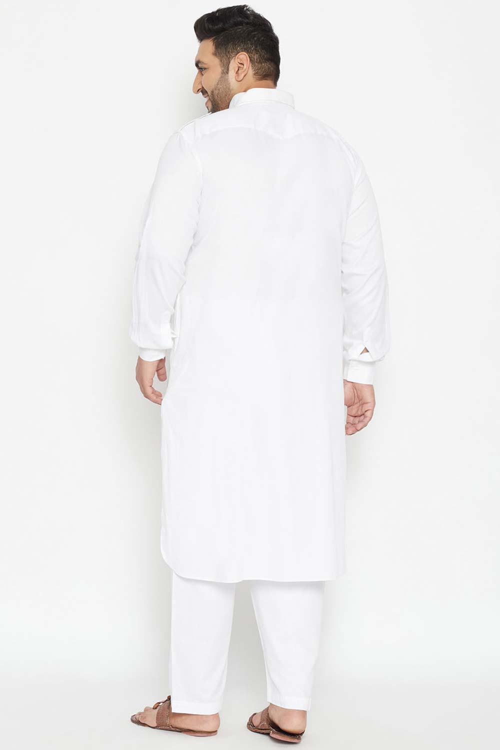 Buy Men's Cotton Blend Solid Kurta Set in White - Back