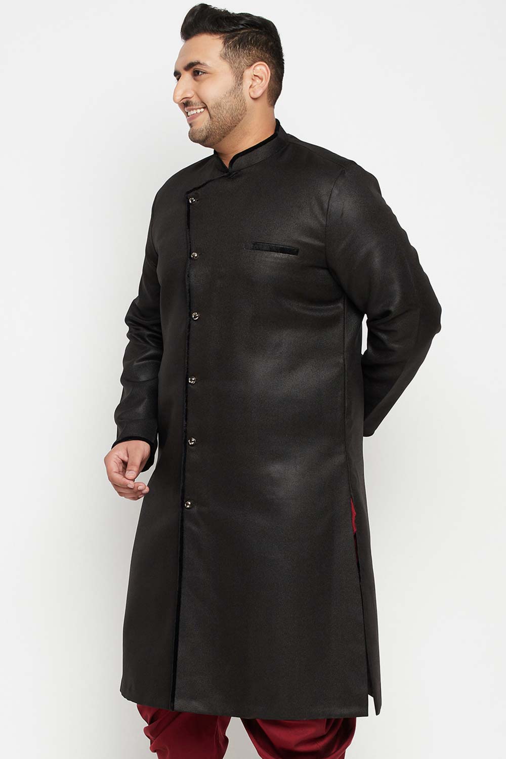 Buy Men's Silk Blend Solid Sherwani Top in Black - Side