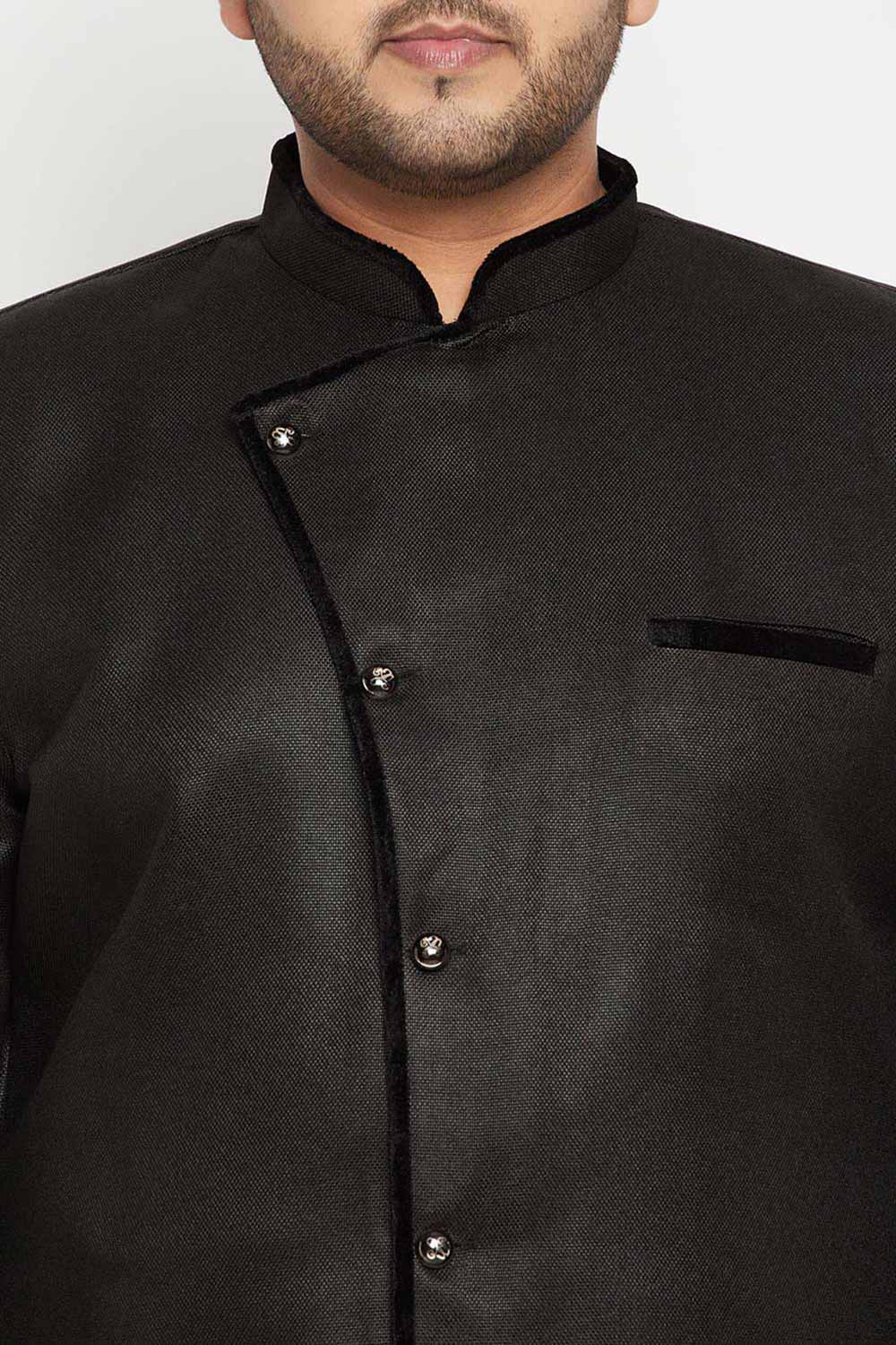 Buy Men's Silk Blend Solid Sherwani Top in Black - Zoom in