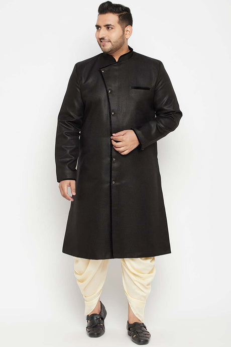 Buy Men's Silk Blend Solid Sherwani Set in Black - Front