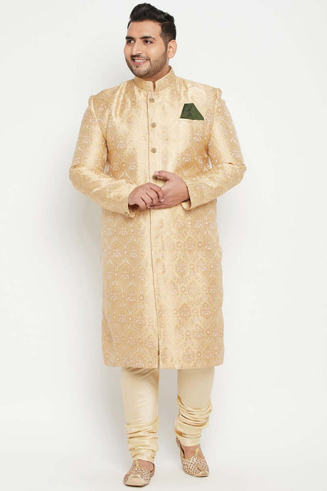 Buy Men's Silk Blend Woven Design Sherwani Set in Gold - Front