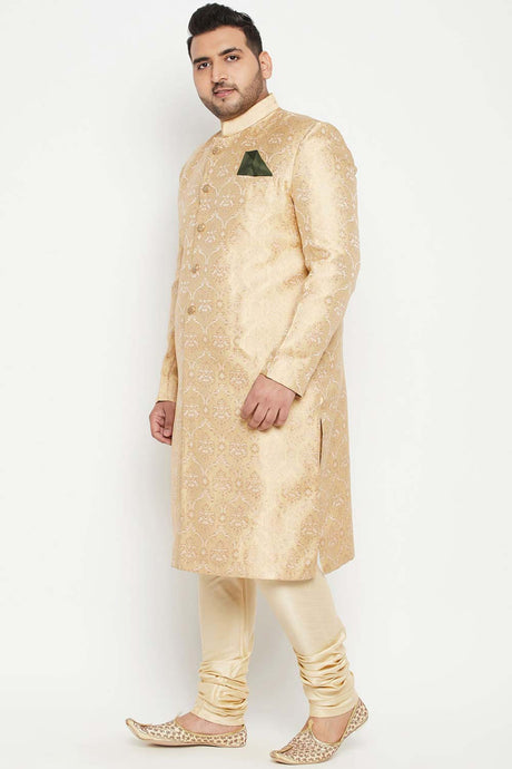 Buy Men's Silk Blend Woven Design Sherwani Set in Gold - Side