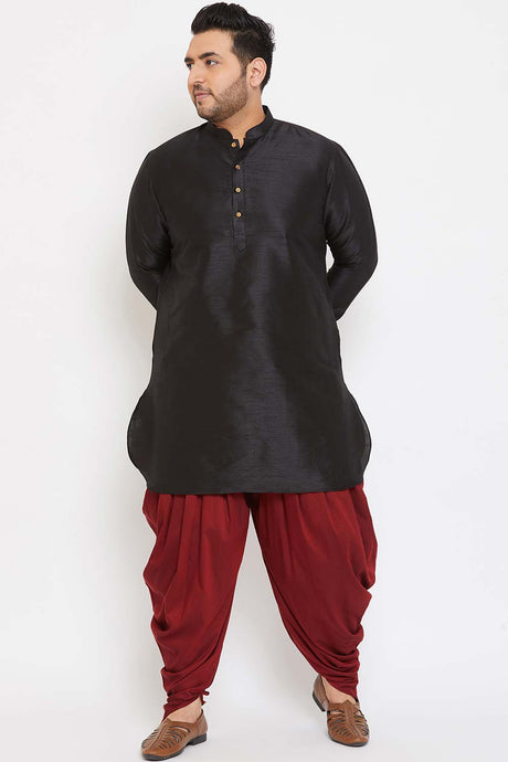 Buy Men's Silk Blend Solid Kurta Set in Black - Front