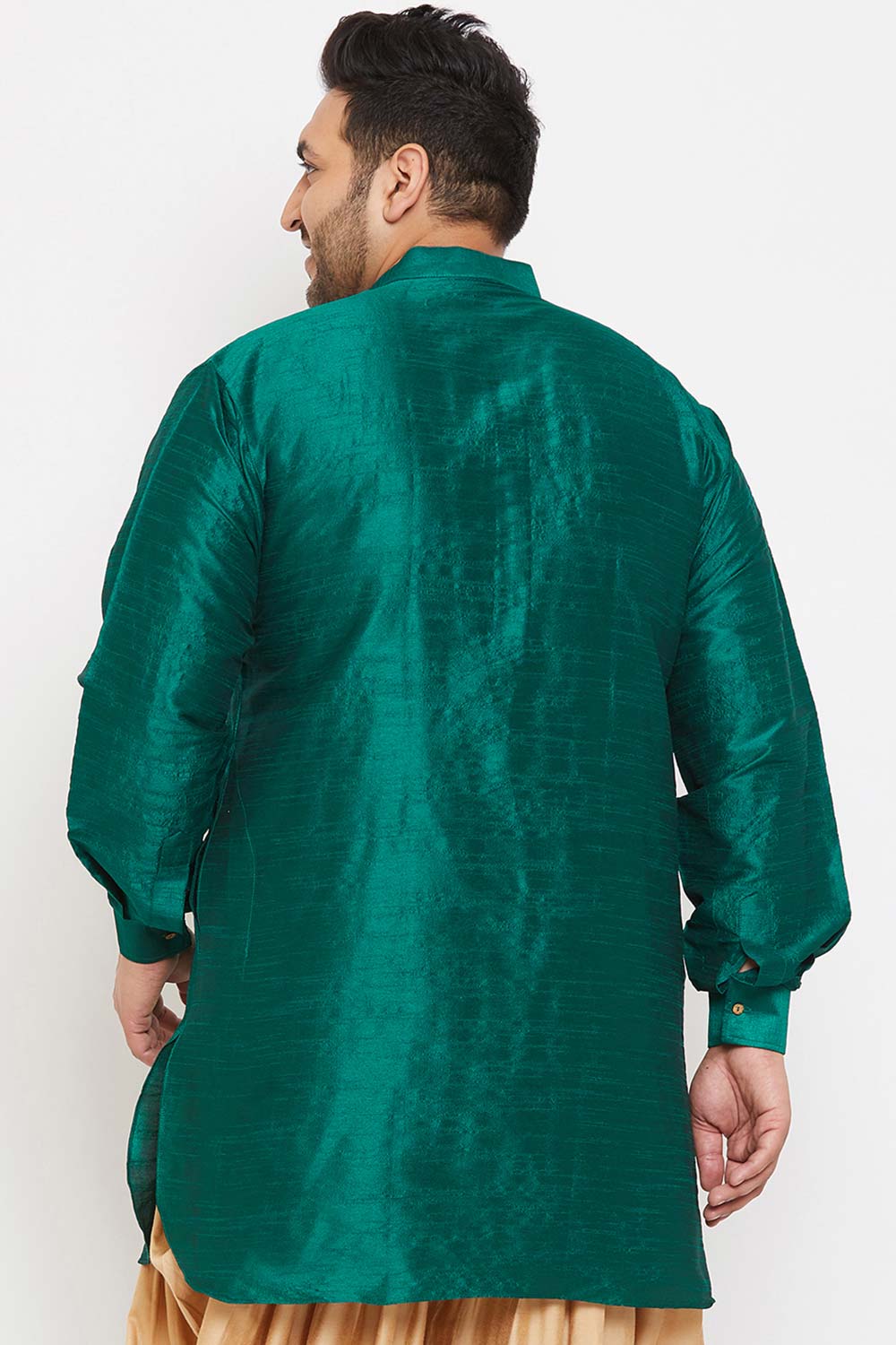 Buy Men's Silk Blend Solid Kurta in Green - Back