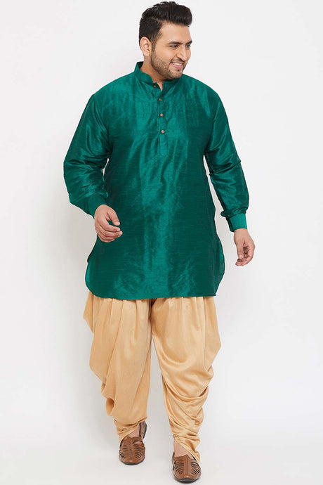 Buy Men's Silk Blend Solid Kurta Set in Green - Front