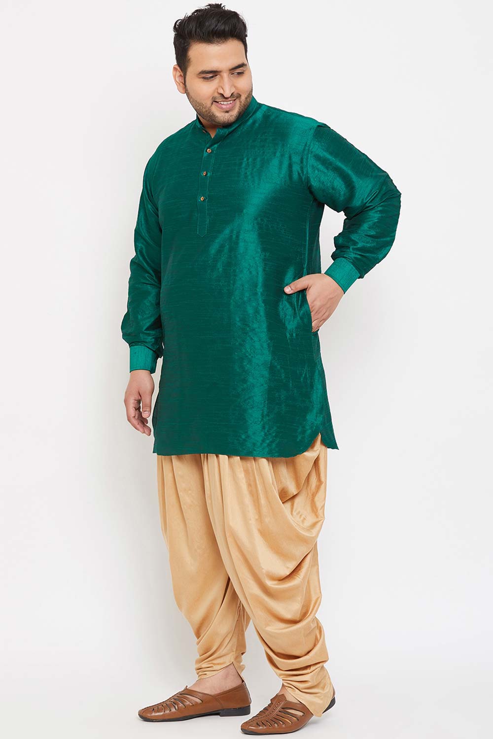 Buy Men's Silk Blend Solid Kurta Set in Green - Side