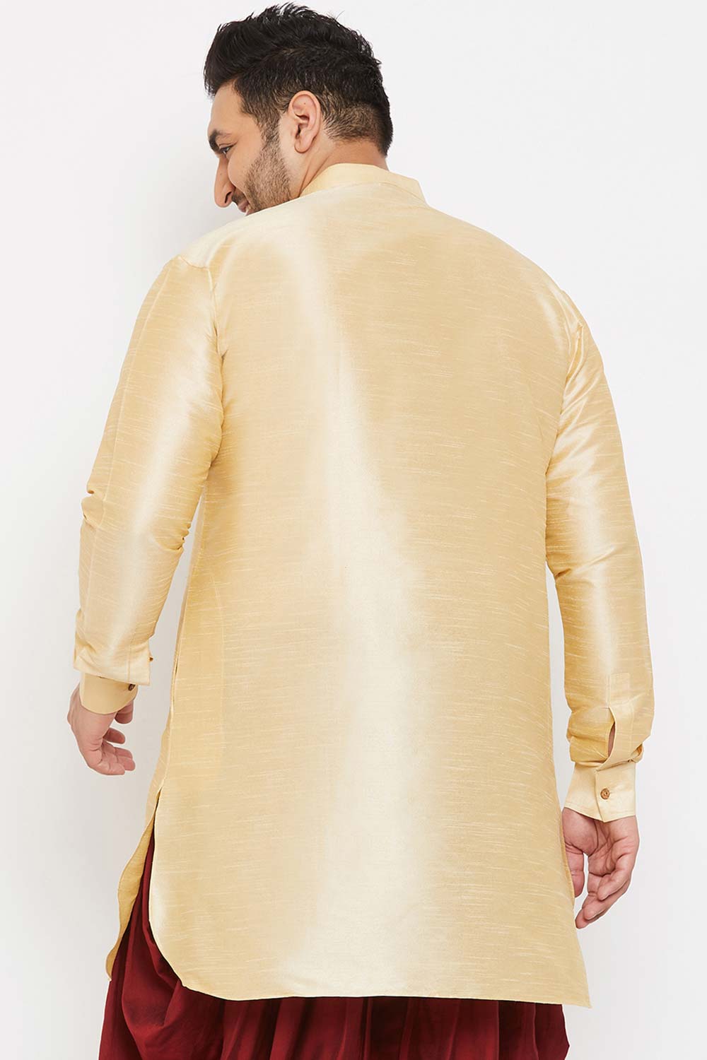 Buy Men's Silk Blend Solid Kurta in Gold - Back
