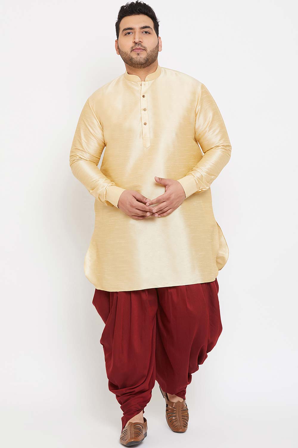Buy Men's Silk Blend Solid Kurta in Gold - Zoom Out
