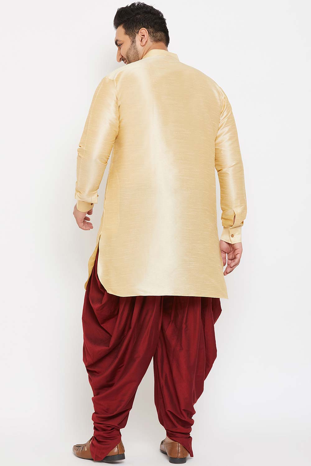 Buy Men's Silk Blend Solid Kurta Set in Gold - Back