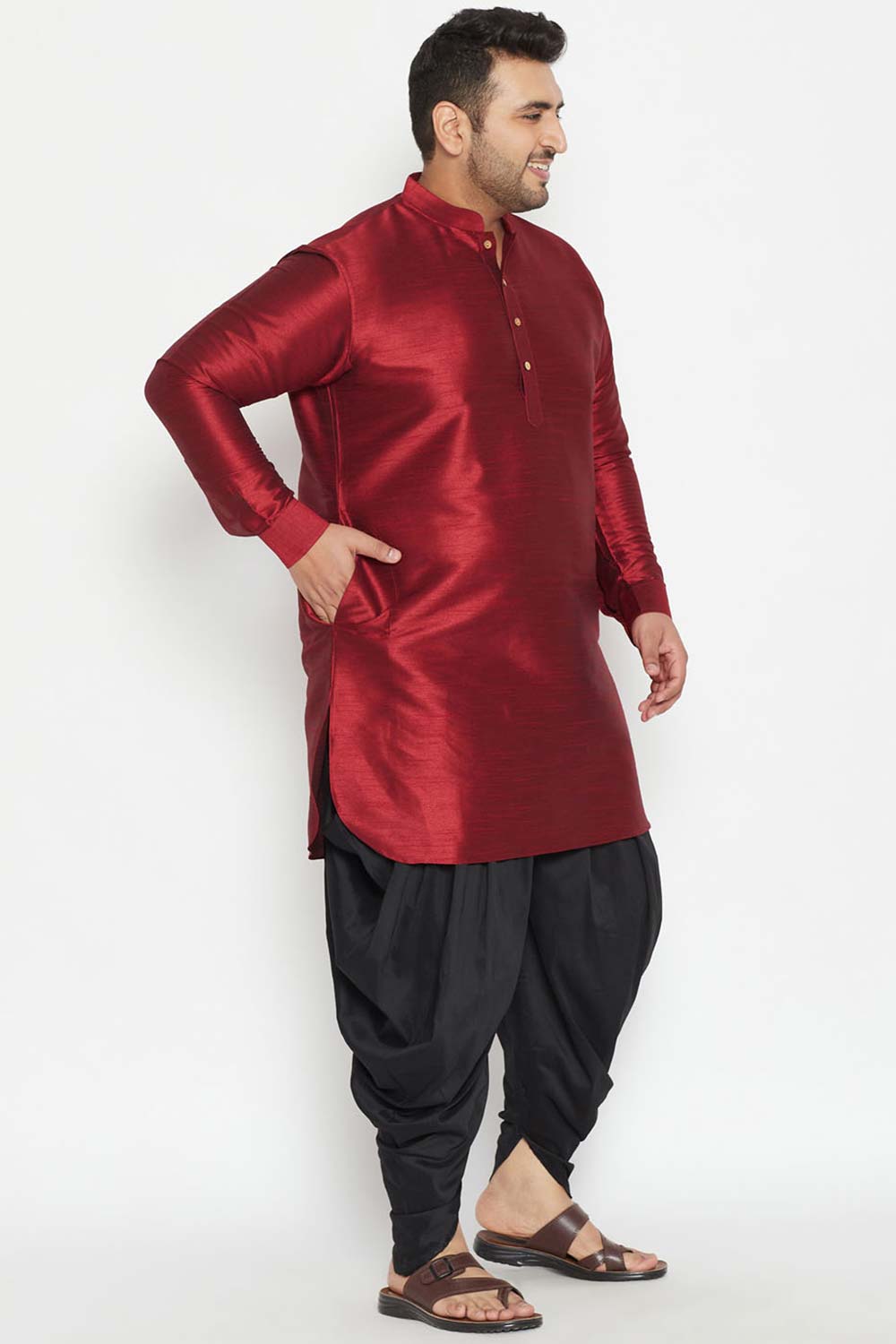 Buy Men's Silk Blend Solid Kurta Set in Maroon - Side