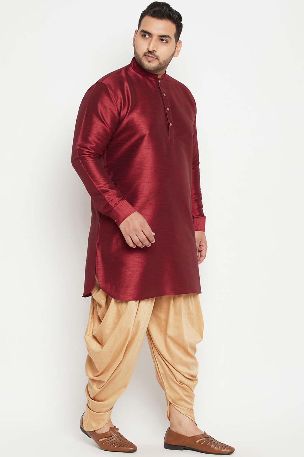 Buy Men's Silk Blend Solid Kurta Set in Maroon - Side