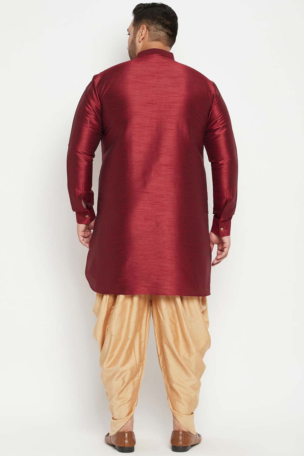 Buy Men's Silk Blend Solid Kurta Set in Maroon - Back