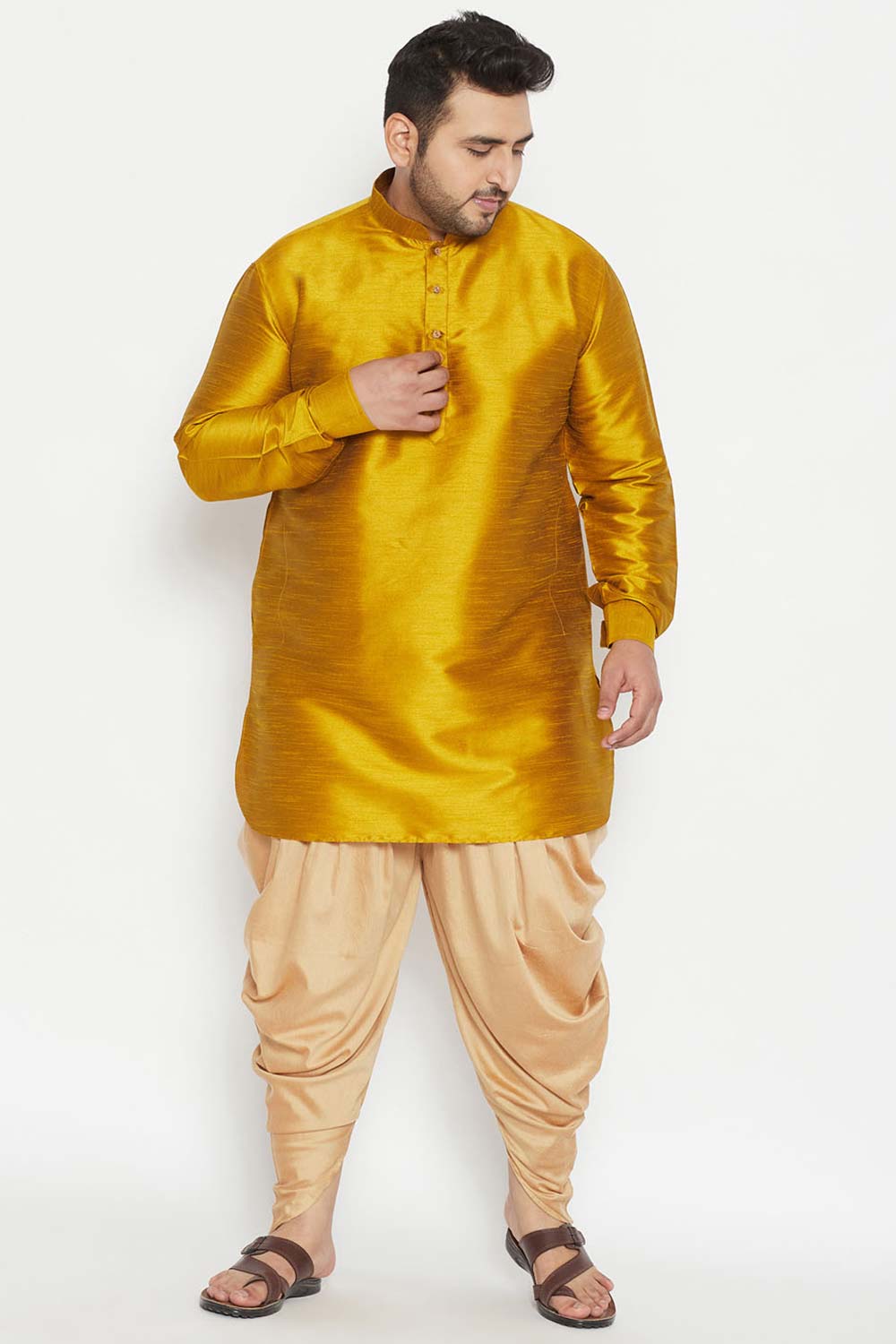 Buy Men's Silk Blend Solid Kurta Set in Mustard - Front