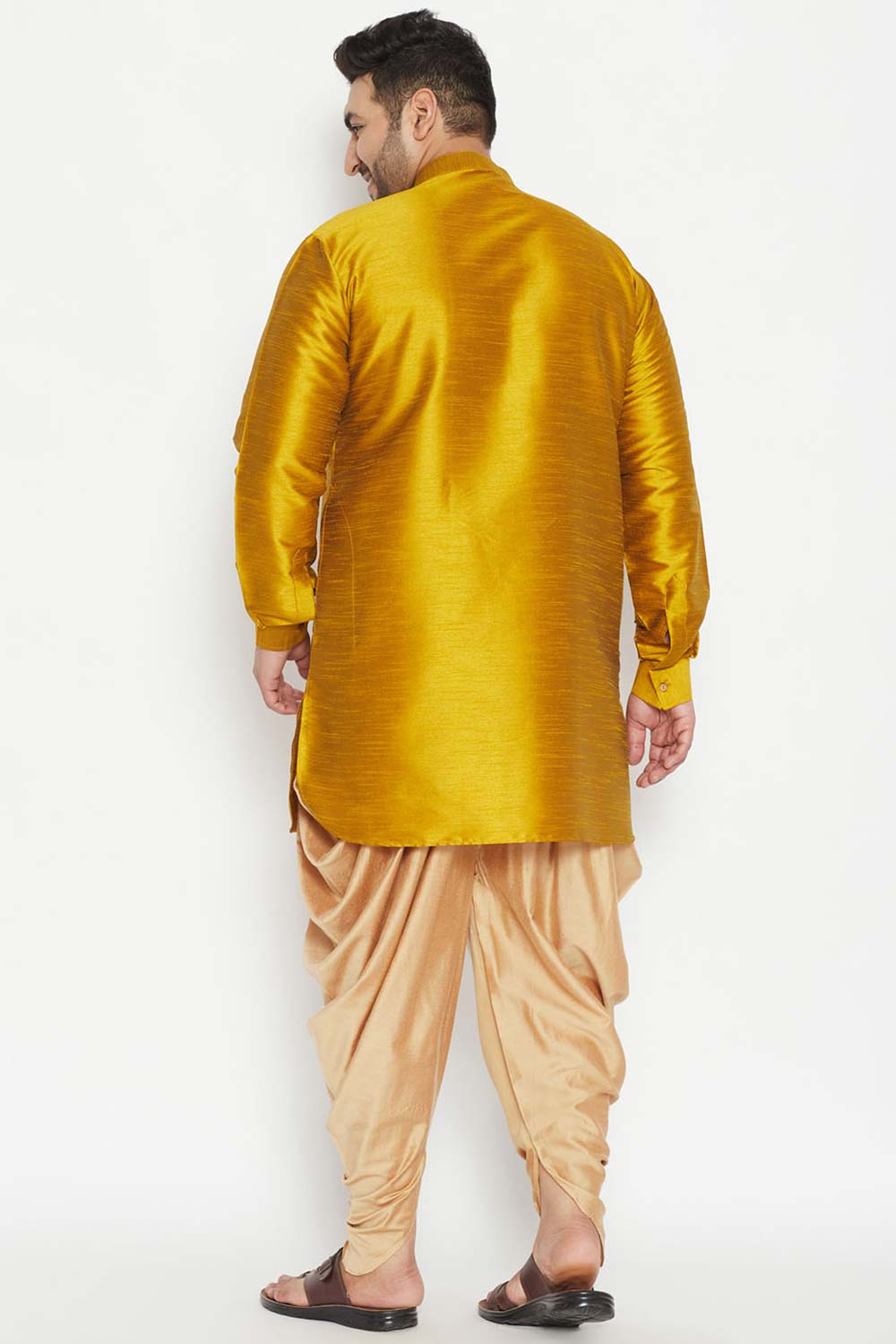 Buy Men's Silk Blend Solid Kurta Set in Mustard - Back