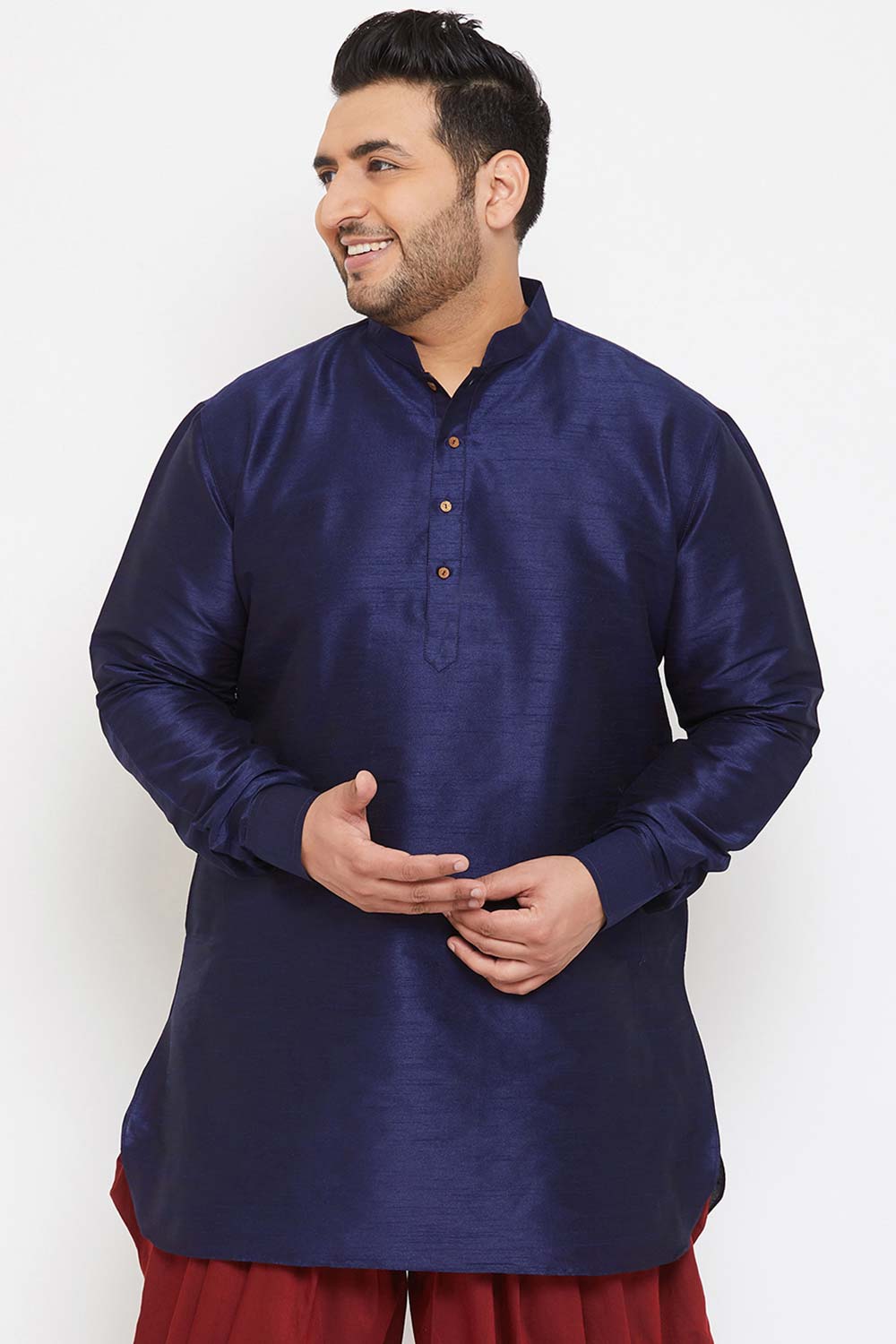 Buy Men's Silk Blend Solid Kurta in Navy Blue - Front