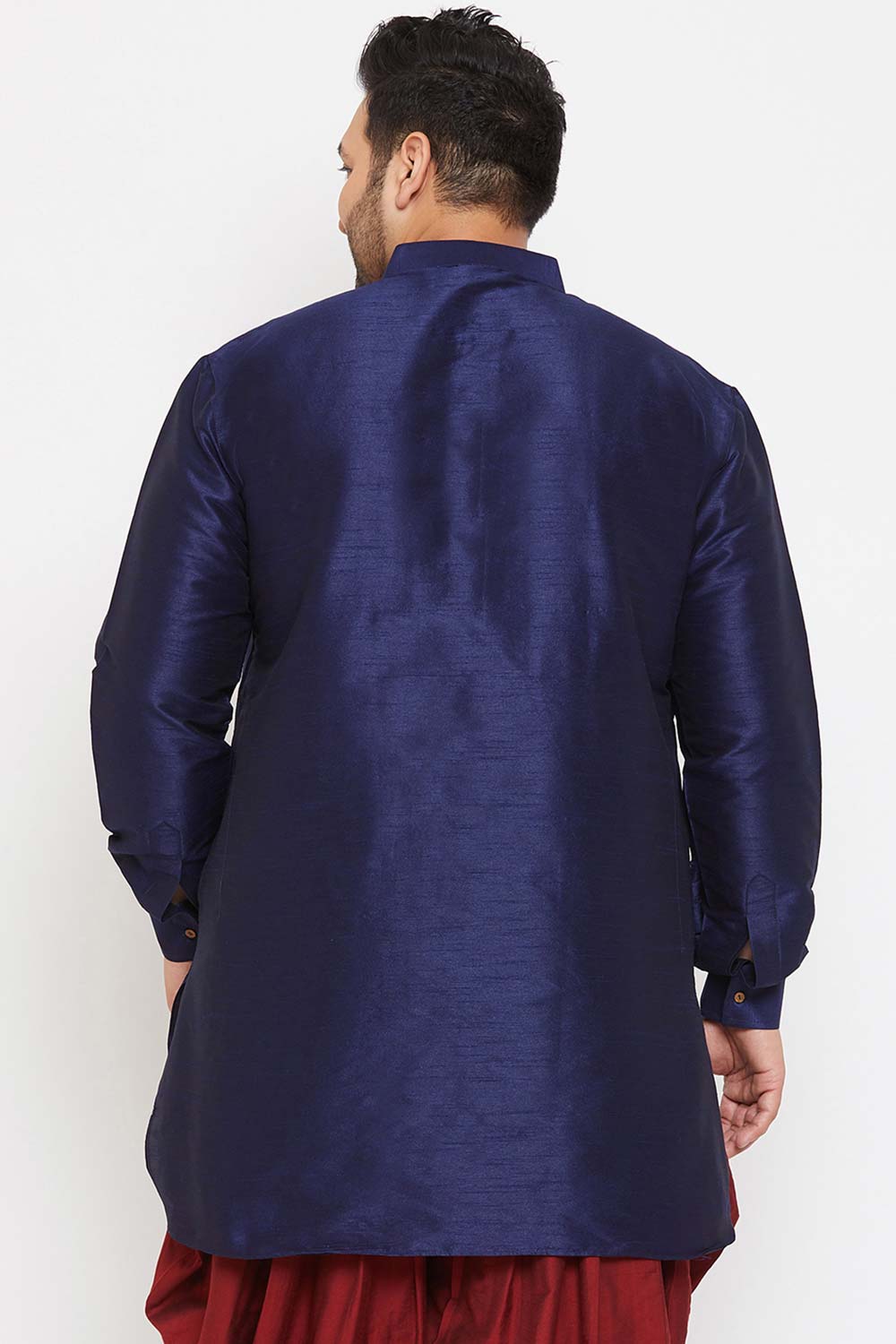 Buy Men's Silk Blend Solid Kurta in Navy Blue - Back