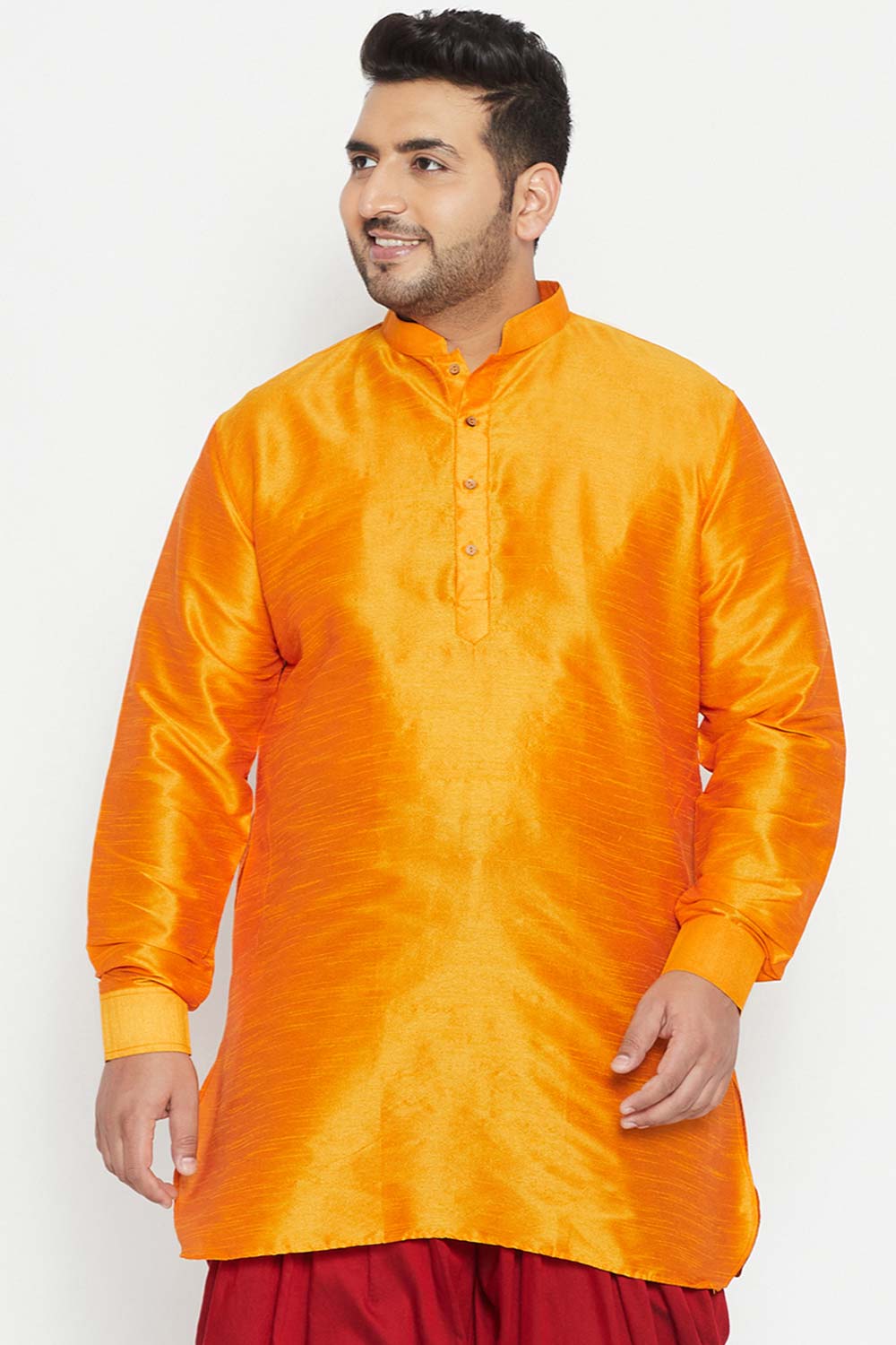 Buy Men's Silk Blend Solid Kurta in Orange - Front