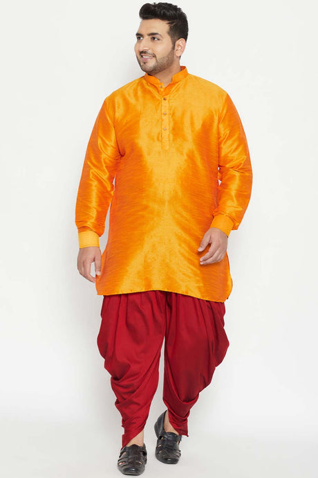 Buy Men's Silk Blend Solid Kurta Set in Orange - Front