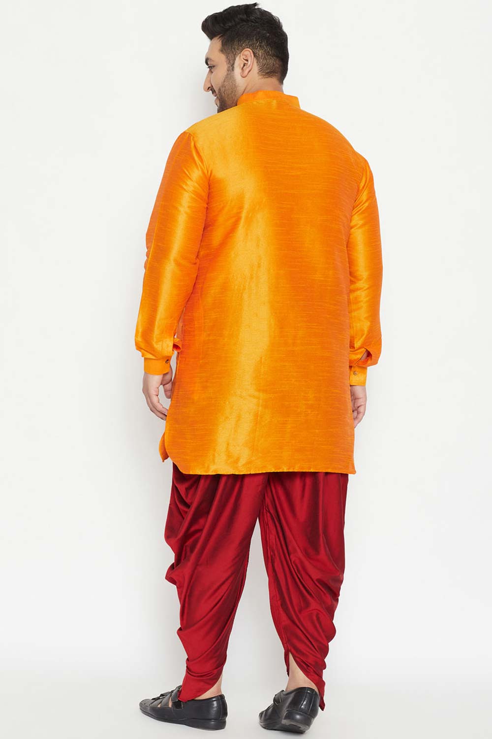 Buy Men's Silk Blend Solid Kurta Set in Orange - Back