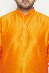 Buy Men's Silk Blend Solid Kurta Set in Orange - Zoom in