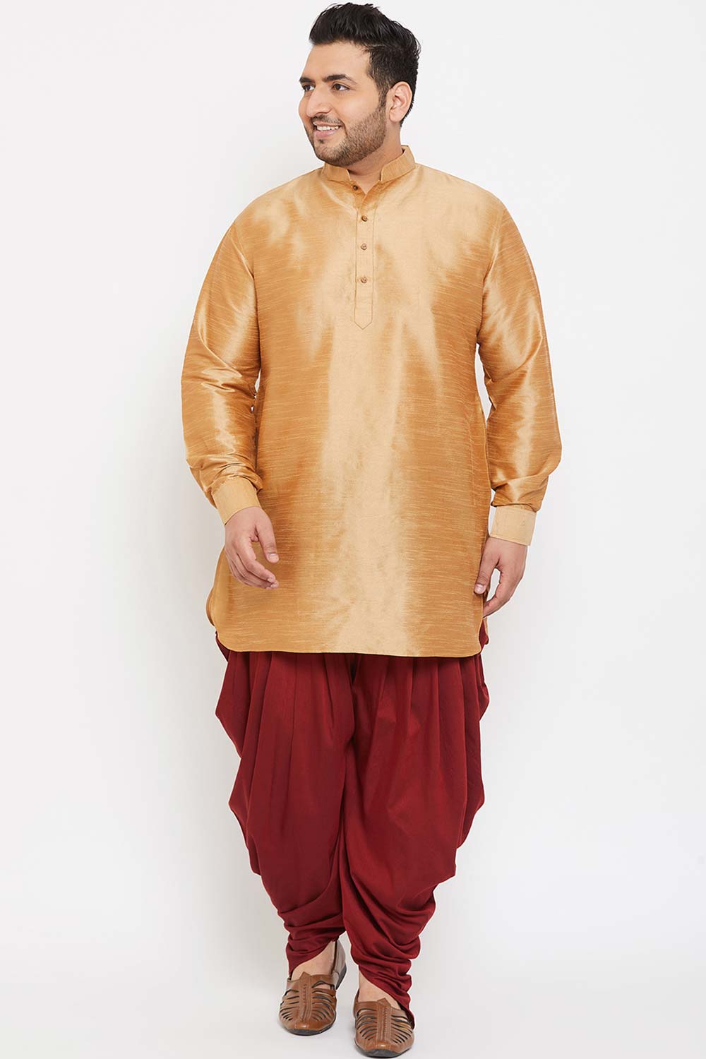 Buy Men's Silk Blend Solid Kurta Set in Rose Gold - Front