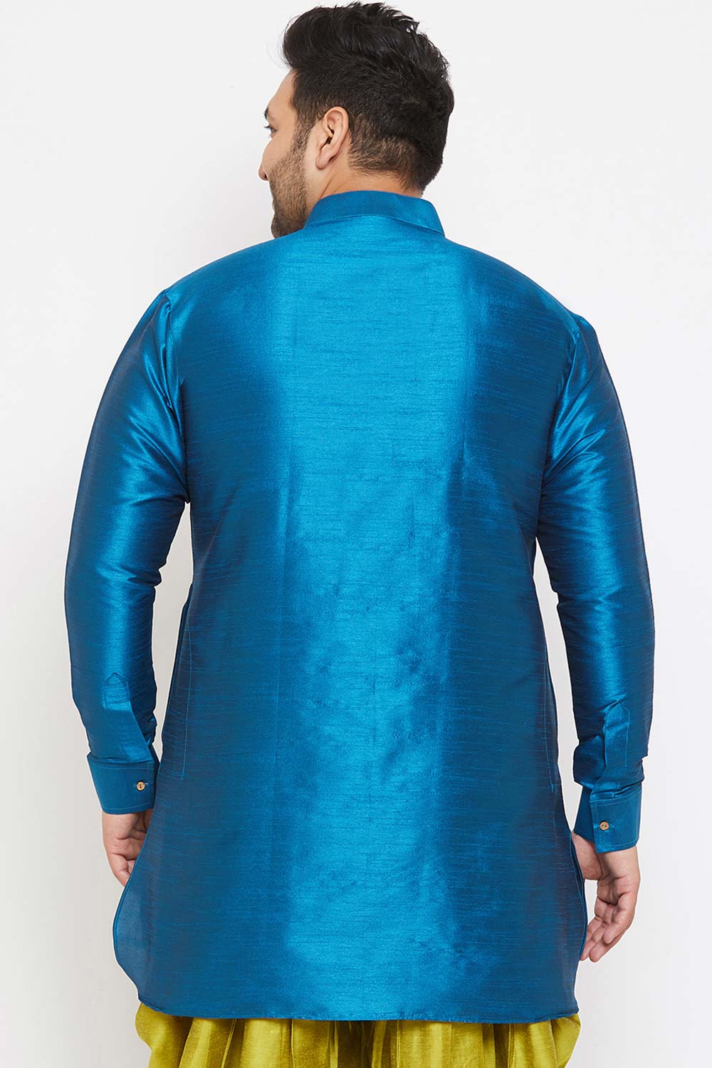 Buy Men's Silk Blend Solid Kurta in Turquoise - Back