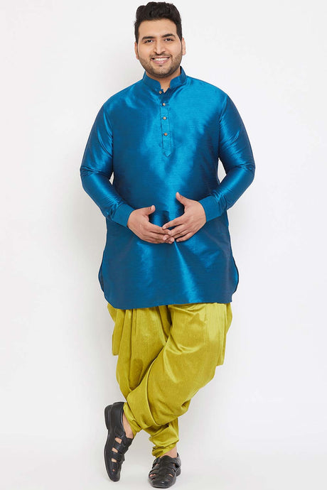 Buy Men's Silk Blend Solid Kurta Set in Turquoise - Front