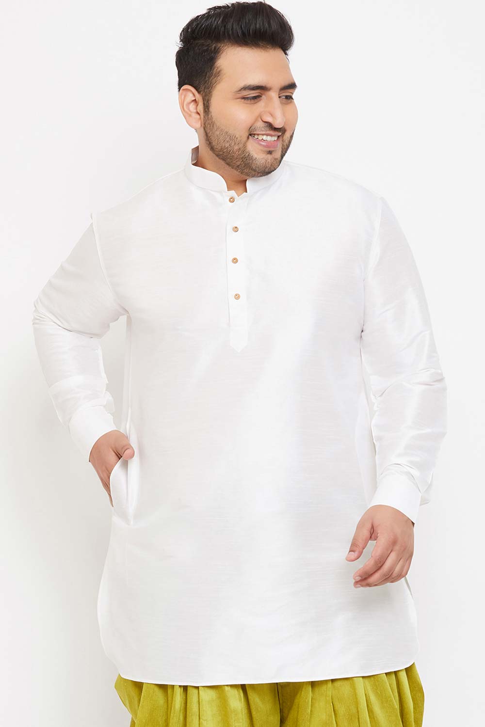 Buy Men's Silk Blend Solid Kurta in White - Front