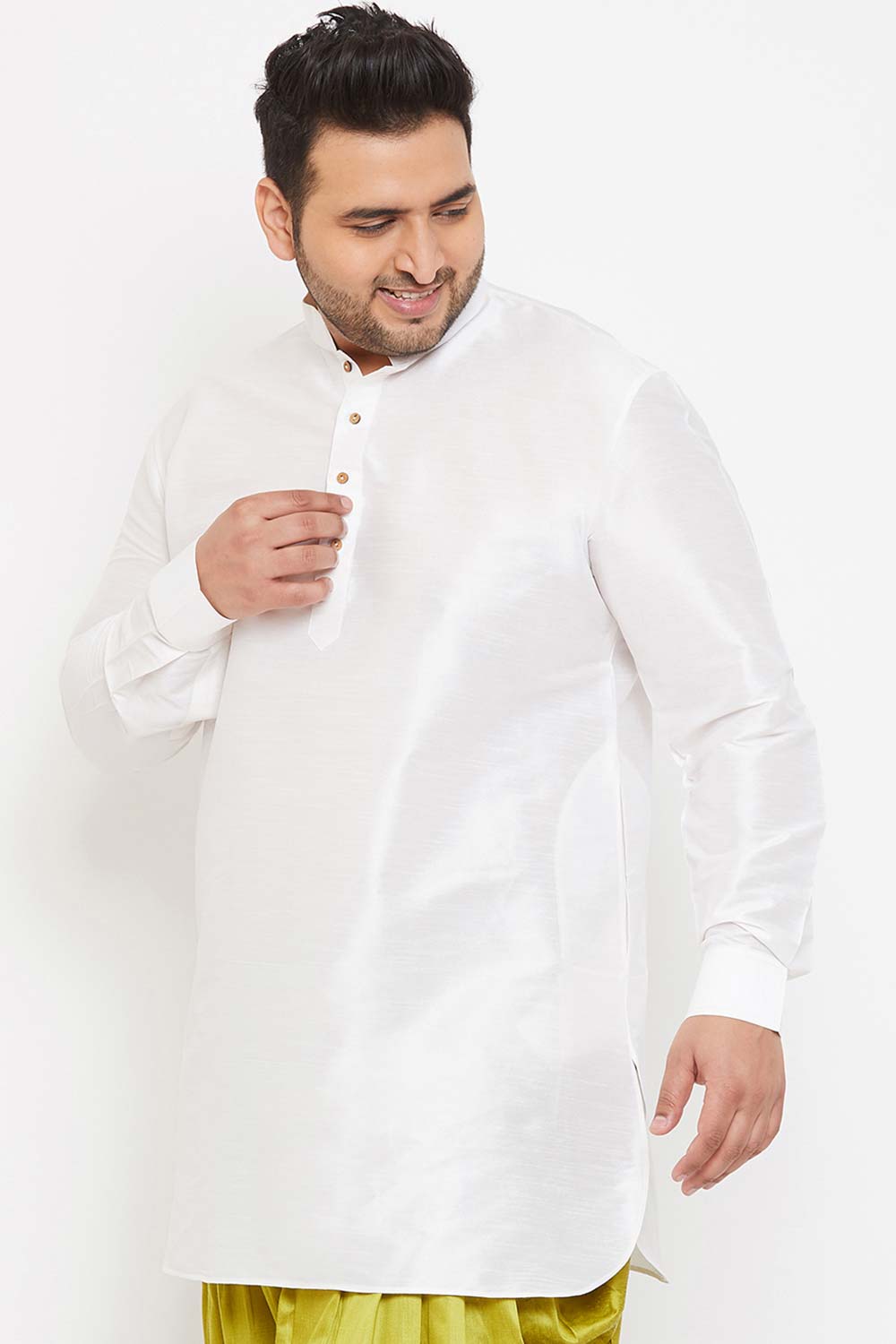 Buy Men's Silk Blend Solid Kurta in White - Side