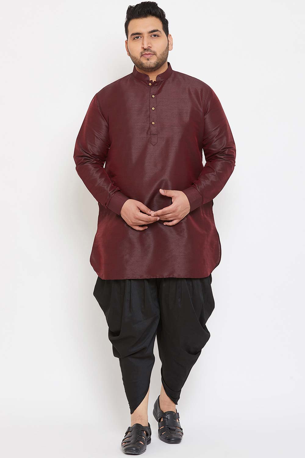 Buy Men's Silk Blend Solid Kurta in Wine - Zoom Out