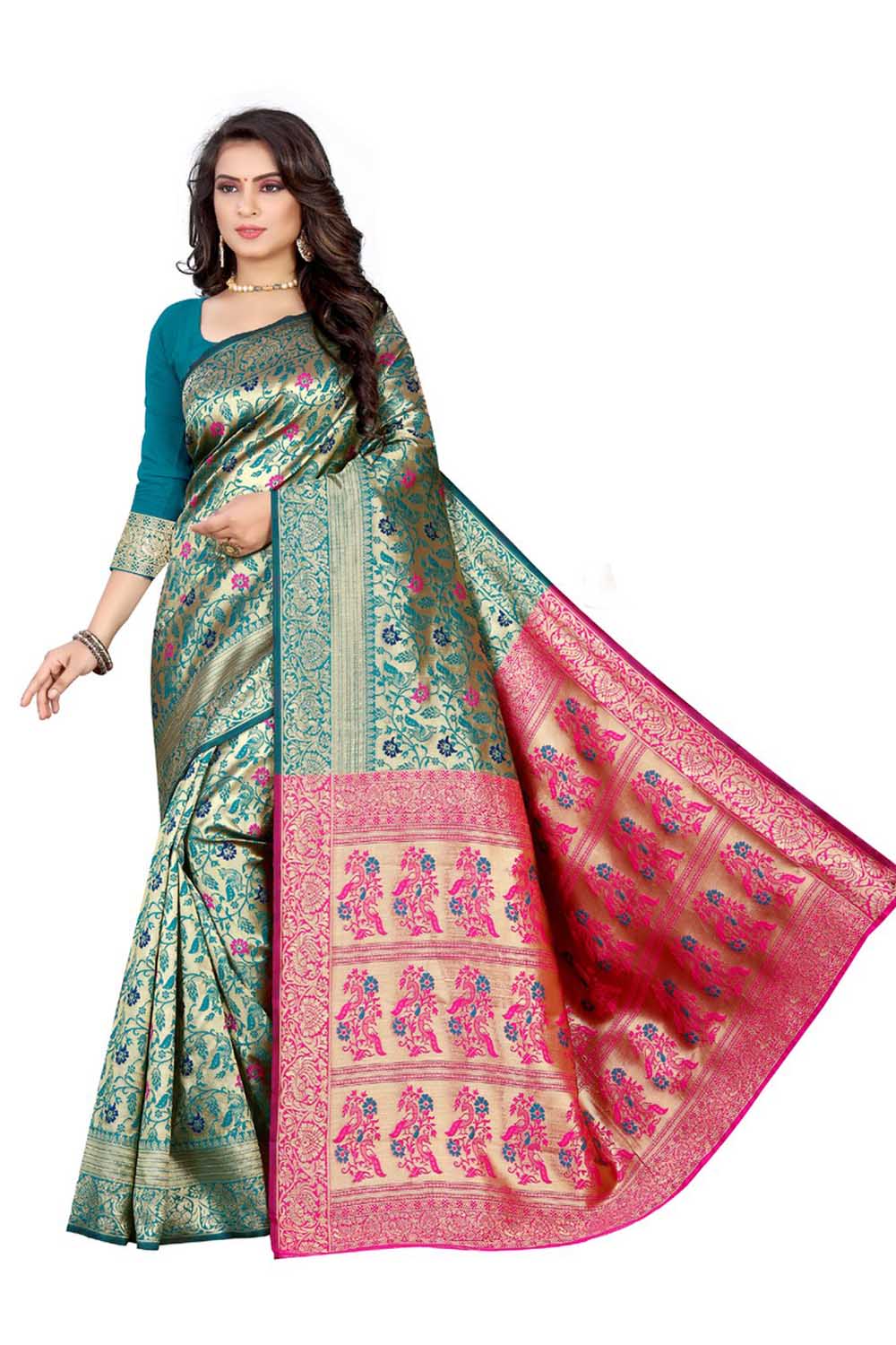 Art Silk Woven Saree In Turquoise