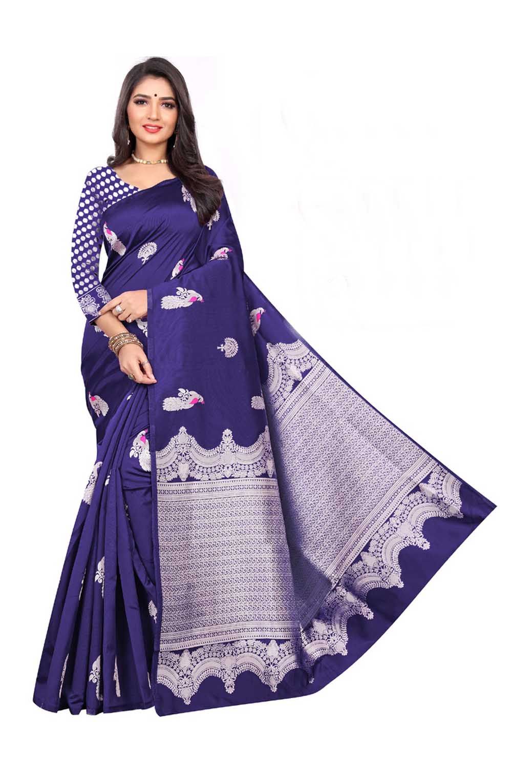 Art Silk Woven Saree In Navy Blue