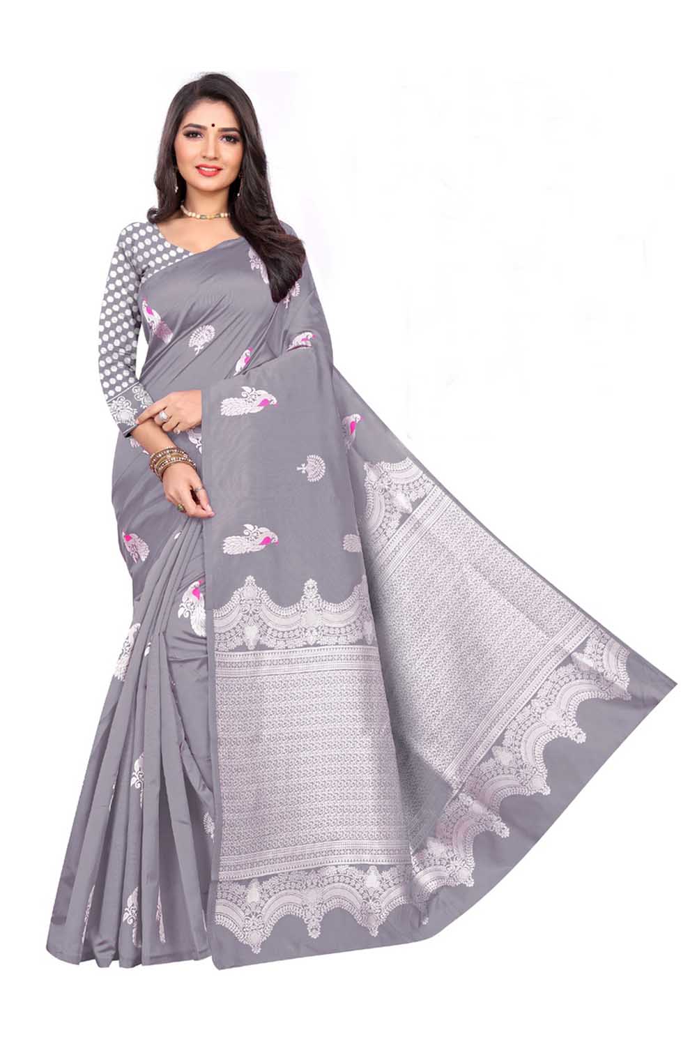 Art Silk Woven Saree In Grey