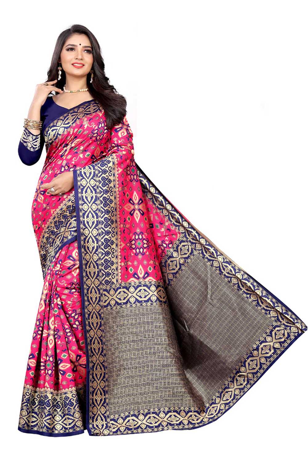 Art Silk Woven Saree In Rani Pink