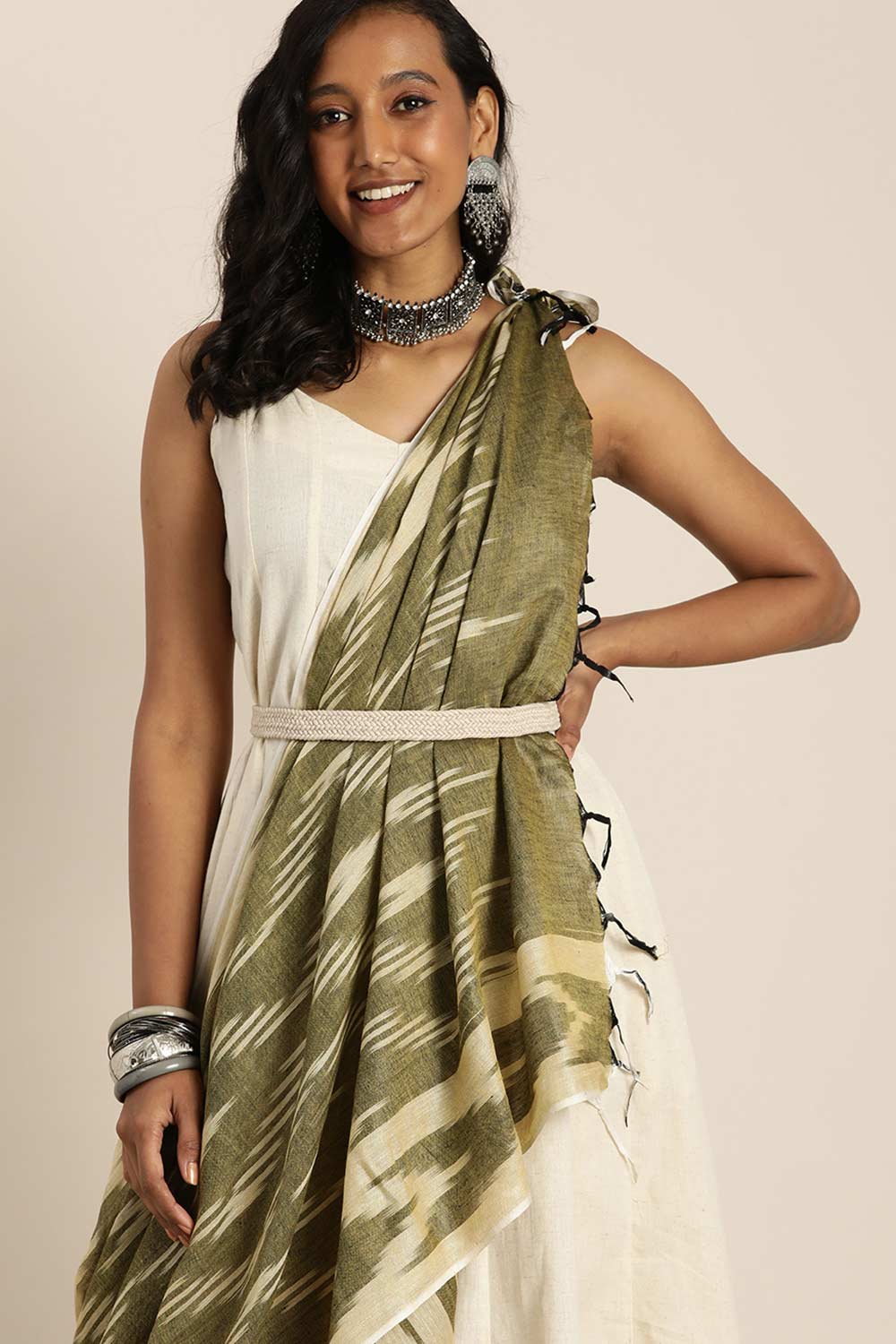 Olive Silk Blend Bhagalpuri Ikat Causal Dupatta