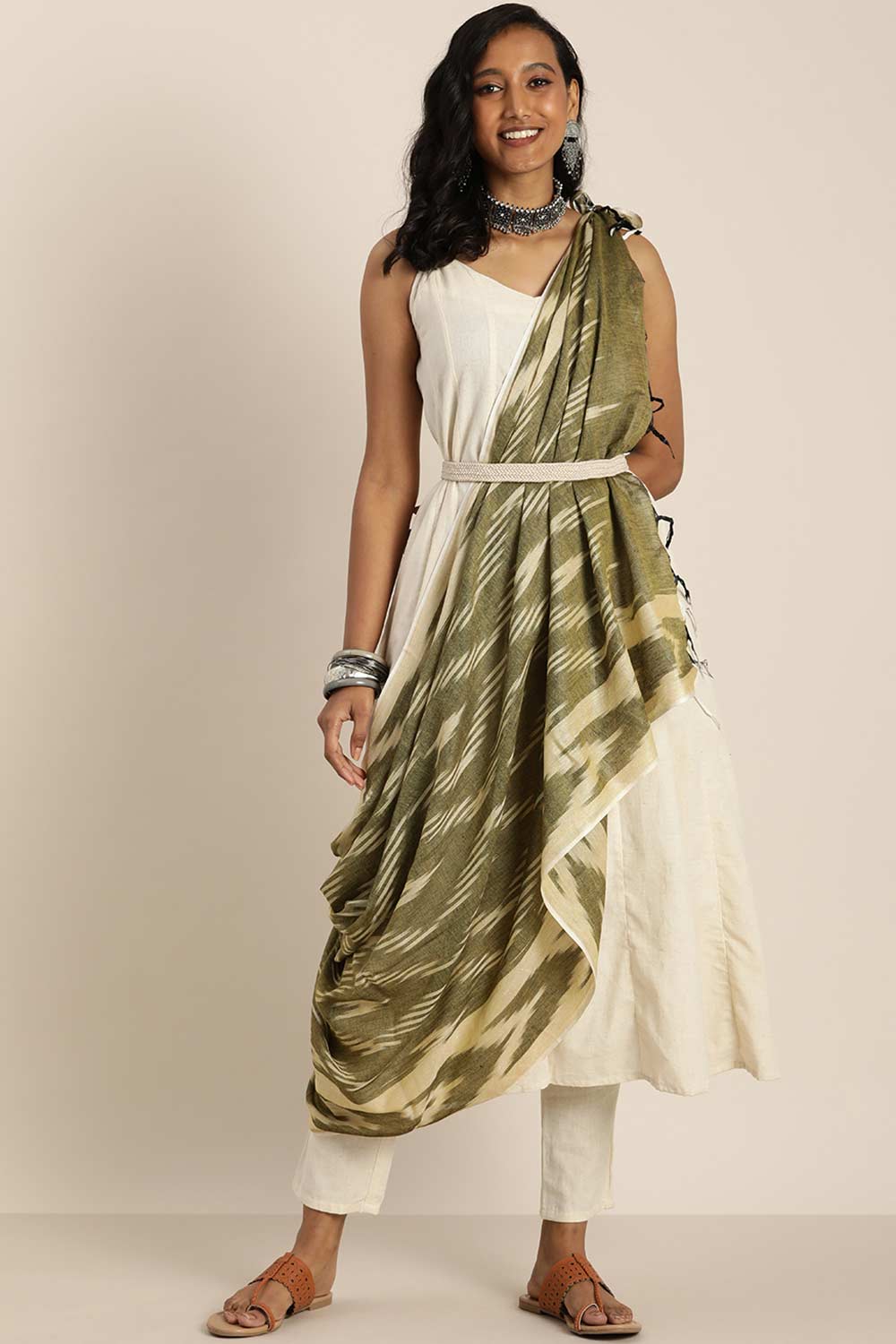 Olive Silk Blend Bhagalpuri Ikat Causal Dupatta