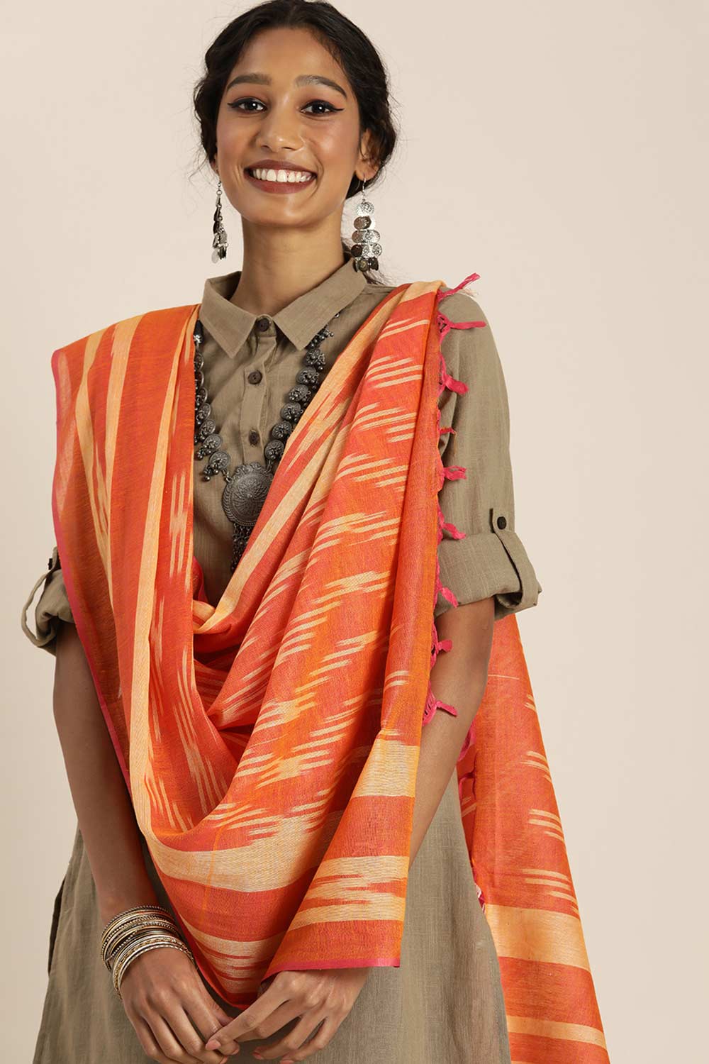 Orange Silk Blend Bhagalpuri Ikat Causal Dupatta