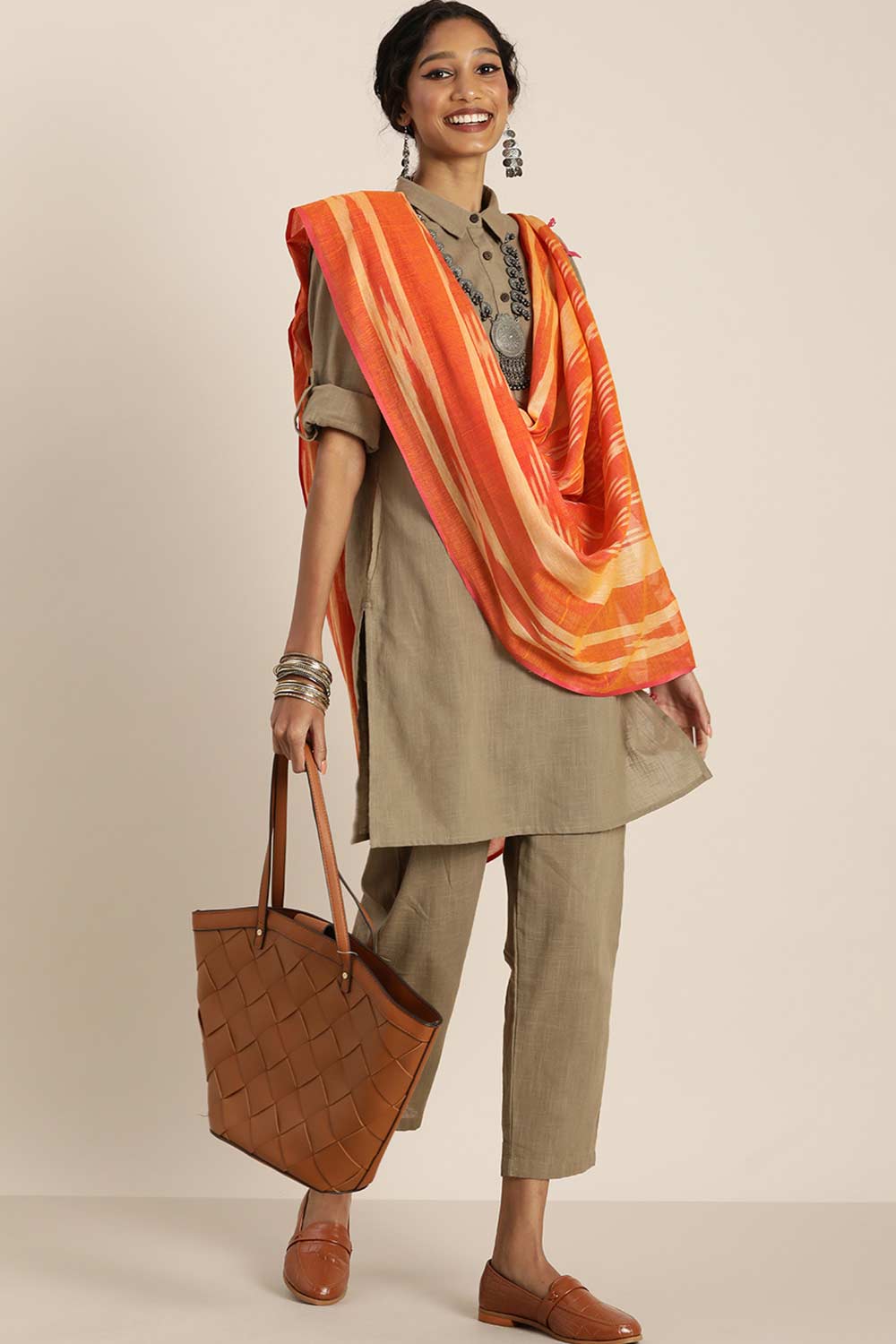 Orange Silk Blend Bhagalpuri Ikat Causal Dupatta