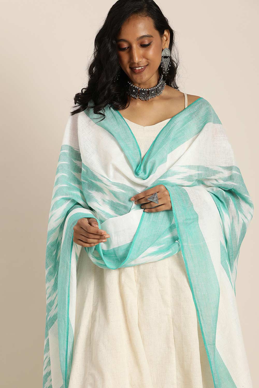 White Silk Blend Bhagalpuri Ikat Causal Dupatta