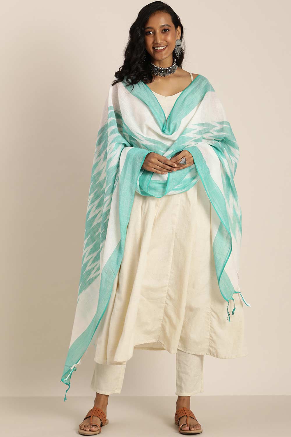 White Silk Blend Bhagalpuri Ikat Causal Dupatta