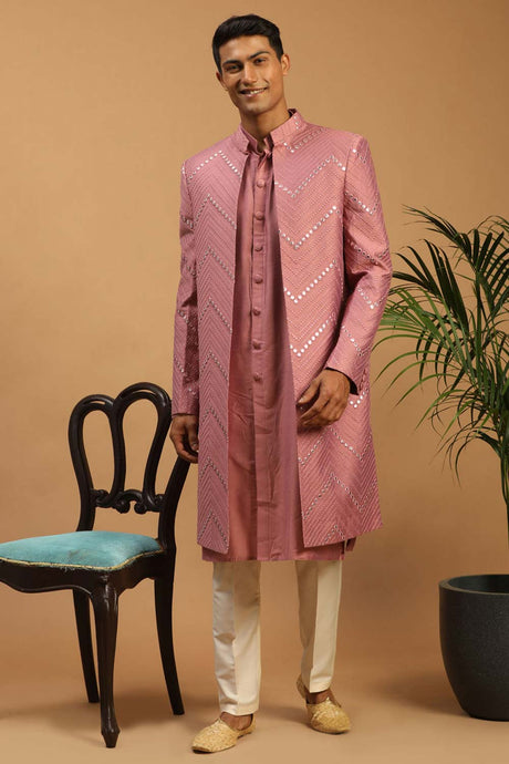 Buy Men's Onion Pink And Cream Viscose Mirror Work Embroidered Sherwani Set Online