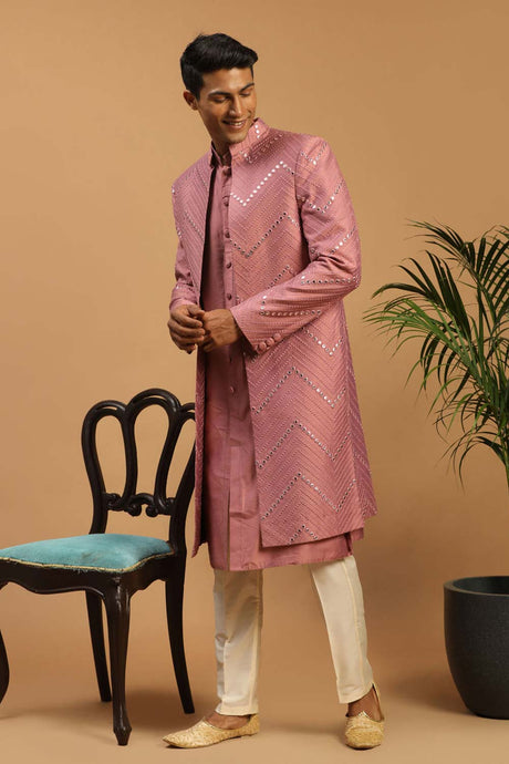Buy Men's Onion Pink And Cream Viscose Mirror Work Embroidered Sherwani Set Online - Back